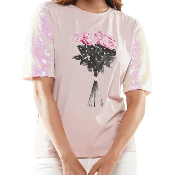 Why Dress Sequin Sleeve Screen Printed T-Shirt Pink- Small - Picture 4 of 15